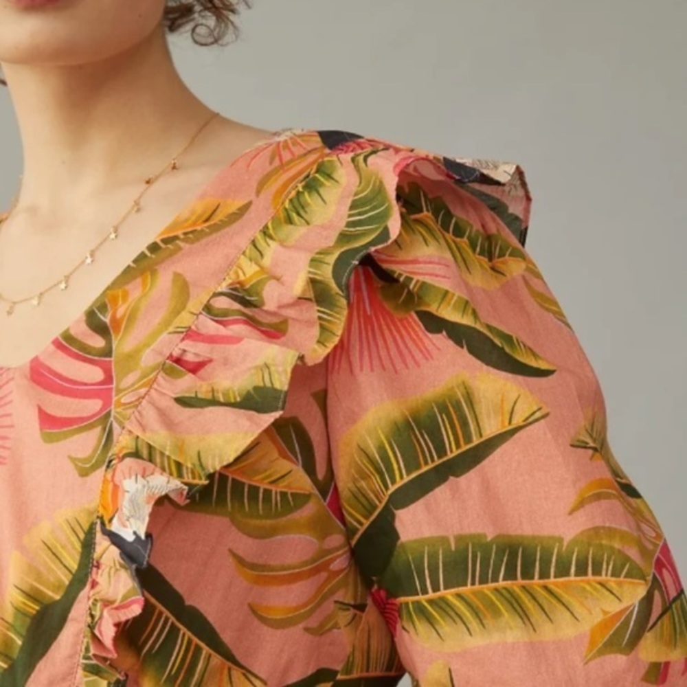 NWT Farm Rio Yasmine Ruffled Blouse Pink Combo Anthropologie Womens Top Tropical - Picture 5 of 14